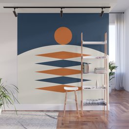 Abstract Geometric Sunrise 20 in Navy Blue Orange Wall Mural