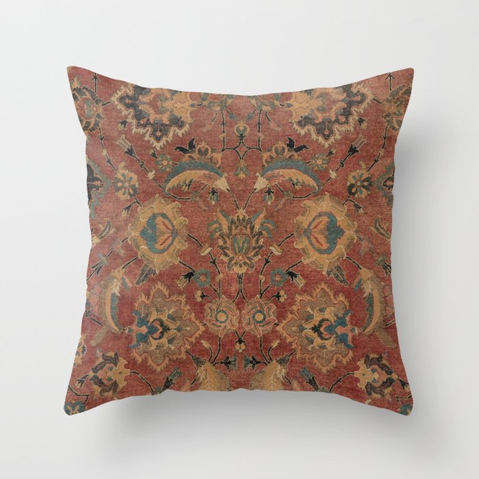 Flowery Boho Rug IV // 17th Century Distressed Colorful Red Navy Blue Burlap Tan Ornate Accent Patte Throw Pillow