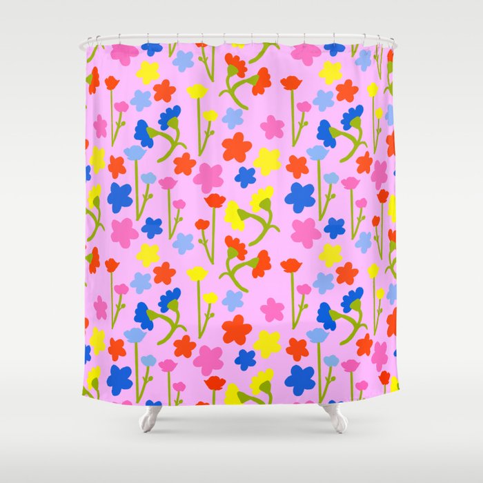 Colorful 80’s Retro Summer Flowers On Pastel Pink Shower Curtain