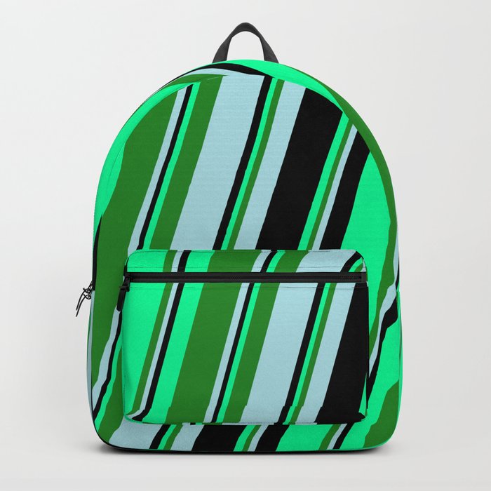 Green, Forest Green, Powder Blue, and Black Colored Striped/Lined Pattern Backpack