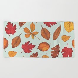 Autumn Leaves Illustration Pattern | Pale Green Leaves Pattern | Oak Linden Maple pattern Beach Towel