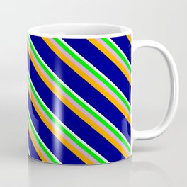 [ Thumbnail: Mint Cream, Lime, Plum, Orange, and Blue Colored Lined Pattern Coffee Mug ]