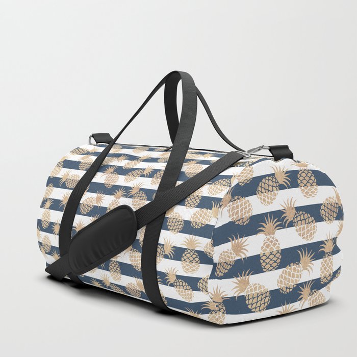 Nautical modern navy blue white stripes blush beige pineapple Duffle