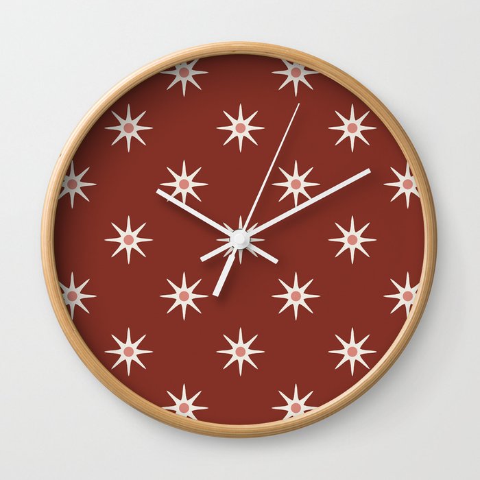Atomic mid century retro star flower pattern in red background Wall Clock