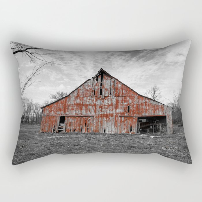 Worn Paint - Rustic Red Barn Against Black and White Landscape on Early Spring Day in Missouri Rectangular Pillow