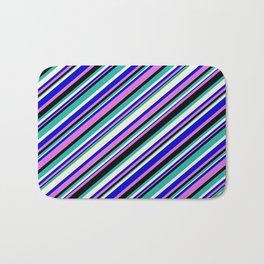 [ Thumbnail: Blue, Orchid, Black, Light Sea Green & Beige Colored Pattern of Stripes Bath Mat ]