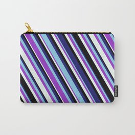 [ Thumbnail: Vibrant Midnight Blue, Sky Blue, Dark Orchid, Mint Cream, and Black Colored Lined/Striped Pattern Carry-All Pouch ]