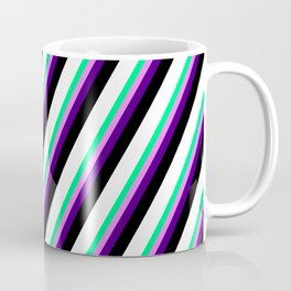 [ Thumbnail: Vibrant Green, Violet, Indigo, Black, and White Colored Striped/Lined Pattern Coffee Mug ]
