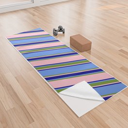 [ Thumbnail: Cornflower Blue, Green, Pink & Dark Blue Colored Striped/Lined Pattern Yoga Towel ]
