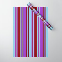 [ Thumbnail: Sky Blue, Dark Orchid, and Dark Red Colored Pattern of Stripes Wrapping Paper ]