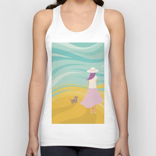Listen to the Ocean (Girl and Cat Vector Graphic Illustration) Unisex Tank Top