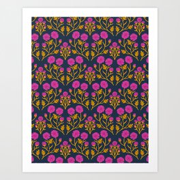 Harmony of Mums in Pink and Yellow on Dark Blue Art Print