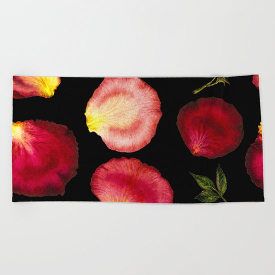 Rose Petal Pattern on Black 01 Beach Towel