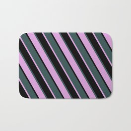 [ Thumbnail: Dark Slate Gray, Plum & Black Colored Stripes Pattern Bath Mat ]