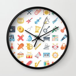 CUTE MUSICAL INSTRUMENTS PATTERN Wall Clock | Graphicdesign, Music, Piano, Microphone, Bell, Harp, Chimes, Instruments, Drum, Triangle 