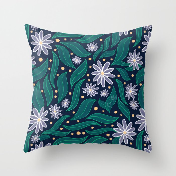 Daisies and Leaves Throw Pillow by creative chanel
