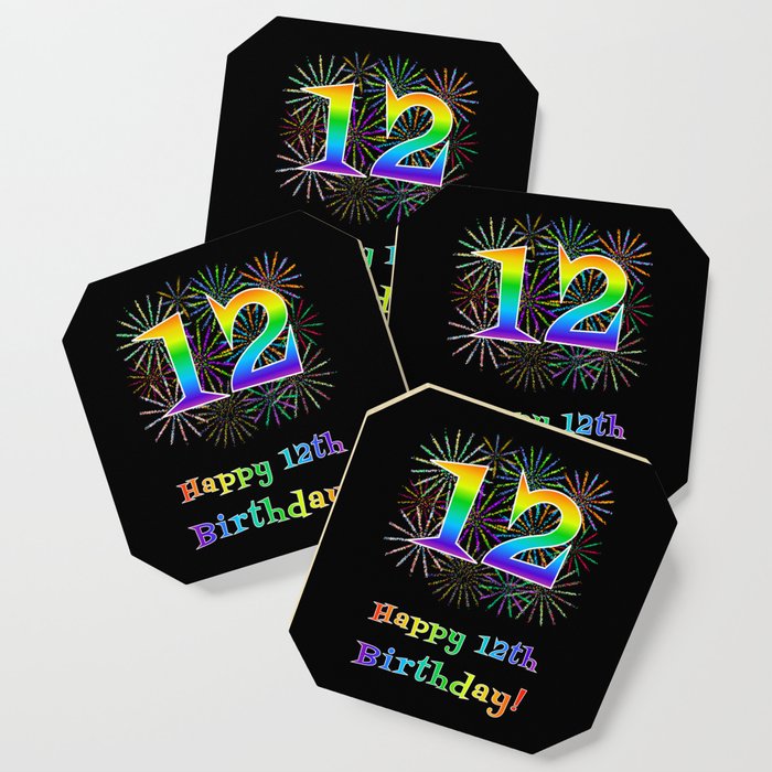 12th Birthday - Fun Rainbow Spectrum Gradient Pattern Text, Bursting Fireworks Inspired Background Coaster