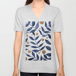 Watercolor berries and branches - indigo and beige V Neck T Shirt