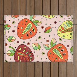 Seamless hand drawn childish pattern with fruits. Cute childlike strawberries with leaves Outdoor Rug