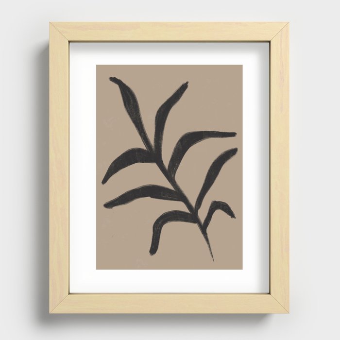 Modern beige and black leaf art Recessed Framed Print