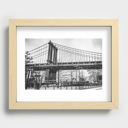 Manhattan Bridge during winter snowstorm in New York City black and white Recessed Framed Print