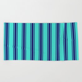 [ Thumbnail: Turquoise & Midnight Blue Colored Pattern of Stripes Beach Towel ]