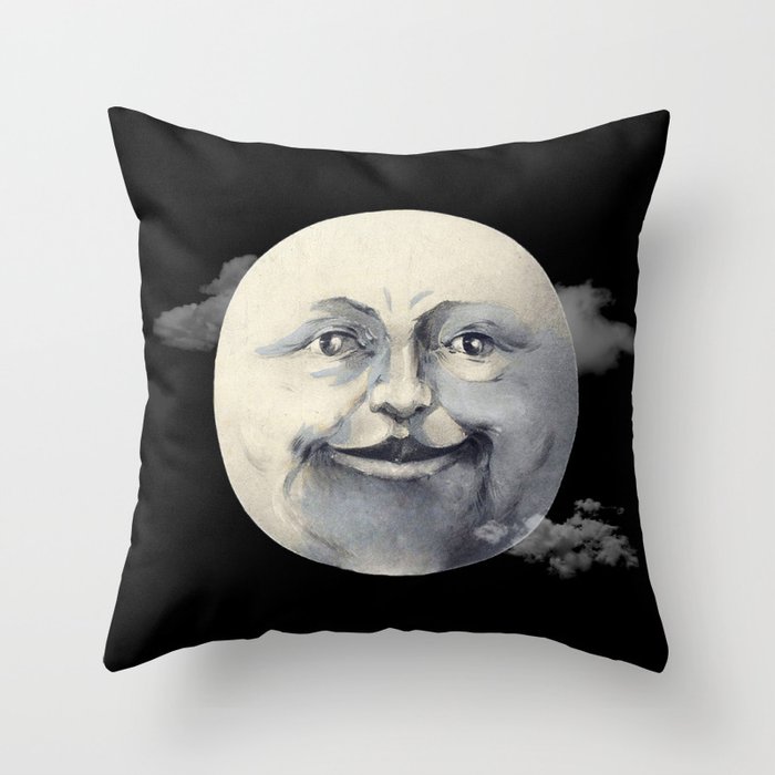 Man in the Moon with Clouds on Black  Throw Pillow