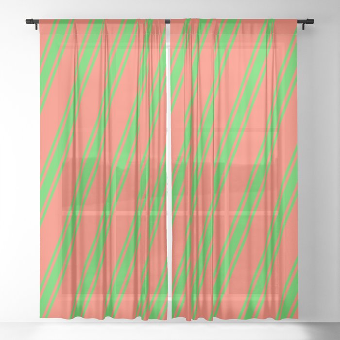 Red and Lime Green Colored Striped Pattern Sheer Curtain