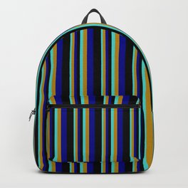 [ Thumbnail: Turquoise, Dark Goldenrod, Dark Blue & Black Colored Stripes Pattern Backpack ]
