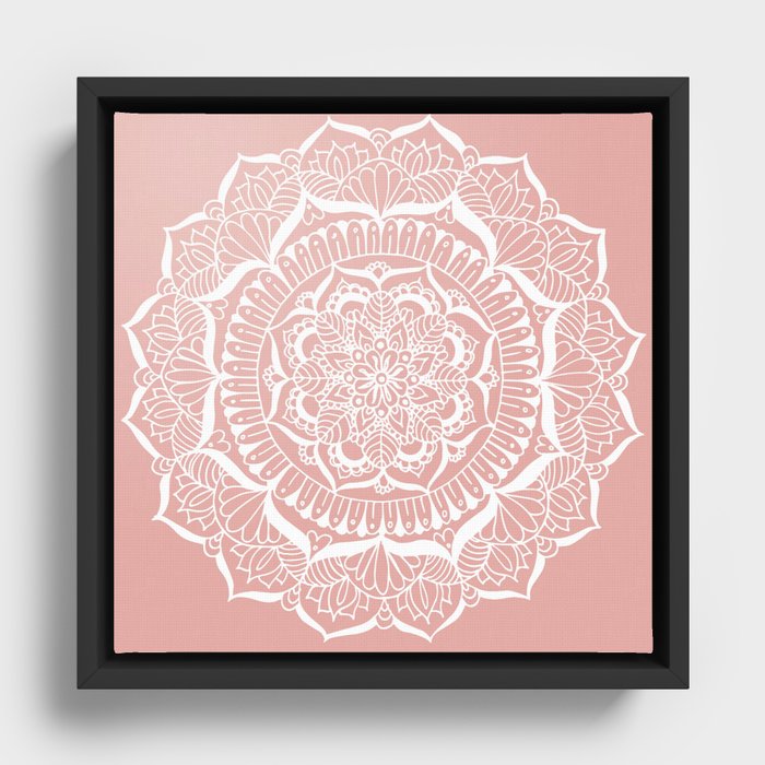 White Flower Mandala on Rose Gold Framed Canvas