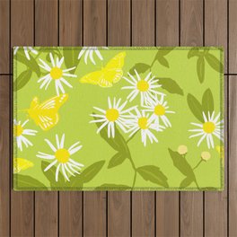Little Daisies And Butterflies Retro Floral Green Outdoor Rug