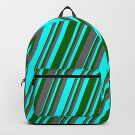 [ Thumbnail: Aqua, Dark Green & Dim Grey Colored Lines/Stripes Pattern Backpack ]