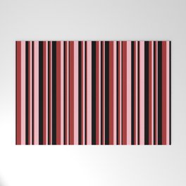 [ Thumbnail: Pink, Brown & Black Colored Striped Pattern Welcome Mat ]