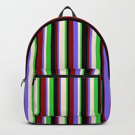 [ Thumbnail: Colorful Lime Green, Beige, Medium Slate Blue, Dark Red & Black Colored Stripes Pattern Backpack ]