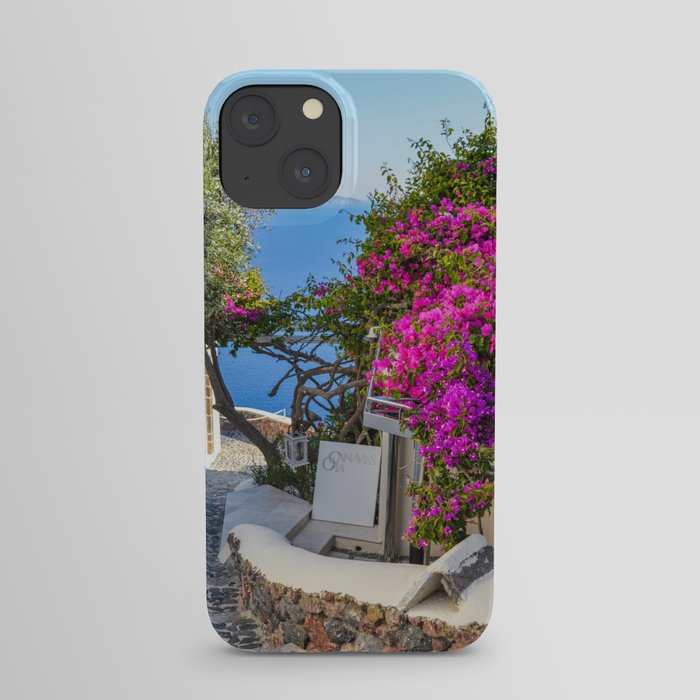 Santorini, Greece, Pink Flowers, Ocean View iPhone Case