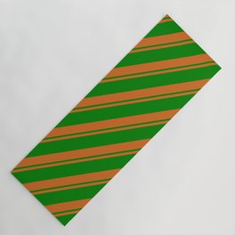 [ Thumbnail: Chocolate and Green Colored Lined/Striped Pattern Yoga Mat ]