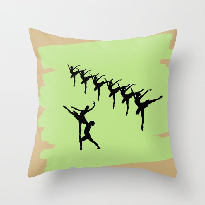 Ballerina figures in black on green brush stroke Throw Pillow