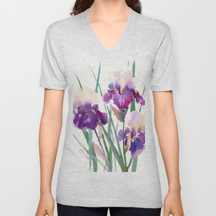 Irises, purple floral art, garden iris V Neck T Shirt