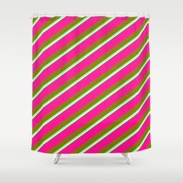 [ Thumbnail: Deep Pink, Green, Aquamarine, and Light Yellow Colored Lined/Striped Pattern Shower Curtain ]
