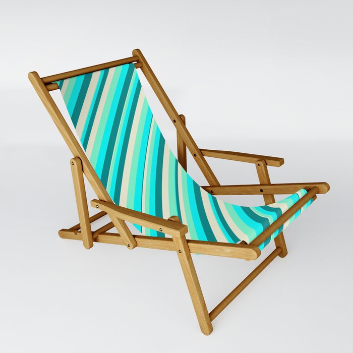 Aquamarine, Cyan, Dark Cyan, and Beige Colored Lined/Striped Pattern Sling Chair