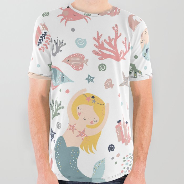 Under The Sea Magical Mermaids & Starfish All Over Graphic Tee