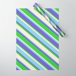 [ Thumbnail: Slate Blue, Lime Green, Beige & Sky Blue Colored Pattern of Stripes Wrapping Paper ]