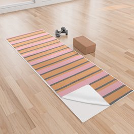 [ Thumbnail: Dim Grey, Brown & Light Pink Colored Stripes Pattern Yoga Towel ]