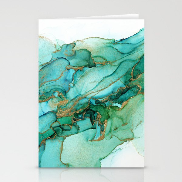 Emerald Gold Waves Abstract Ink Stationery Cards