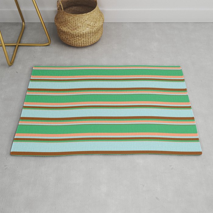 Sea Green, Light Salmon, Powder Blue, and Brown Colored Striped/Lined Pattern Rug