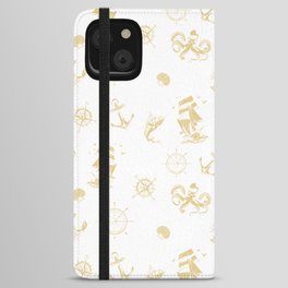 Beige Silhouettes Of Vintage Nautical Pattern iPhone Wallet Case
