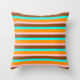 [ Thumbnail: Dark Orange, Pink, Brown & Aqua Colored Lined Pattern Throw Pillow ]
