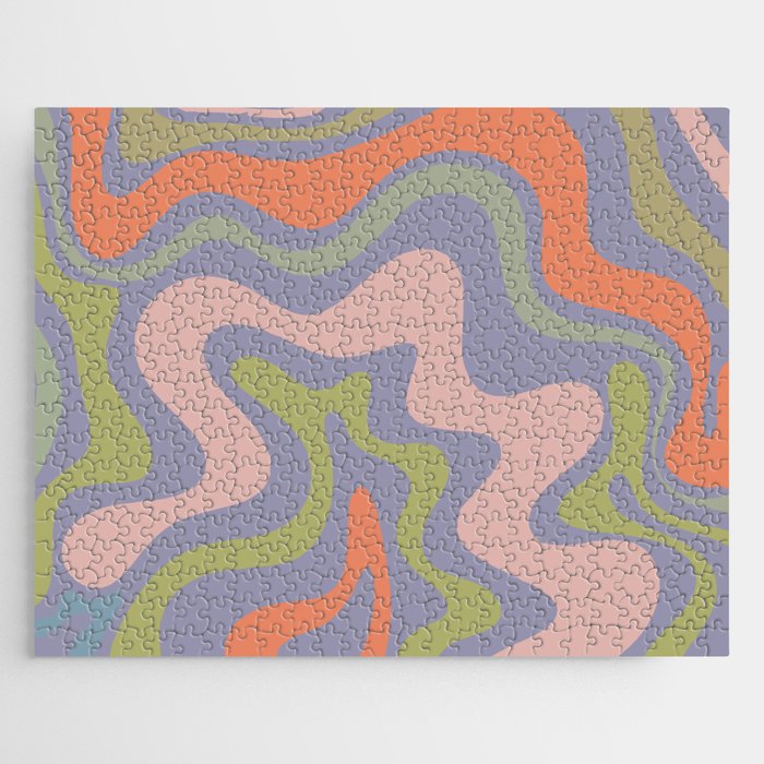 Liquid Swirl Retro Abstract Pattern 4 in Lavender Blue, Celadon, Lime Green, Cantaloupe Orange, and Pale Pink Jigsaw Puzzle