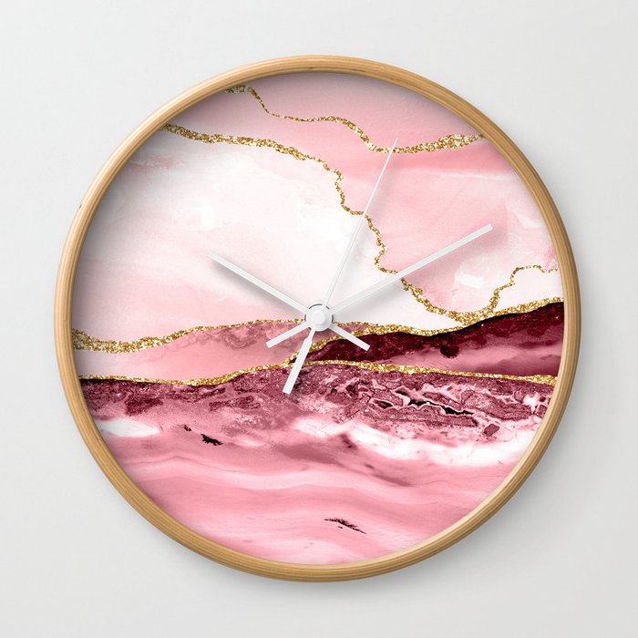 Pink And Gold Marble Waves Wall Clock