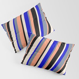 [ Thumbnail: Colorful Blue, Slate Gray, Light Salmon, Black, and Beige Colored Lined/Striped Pattern Pillow Sham ]